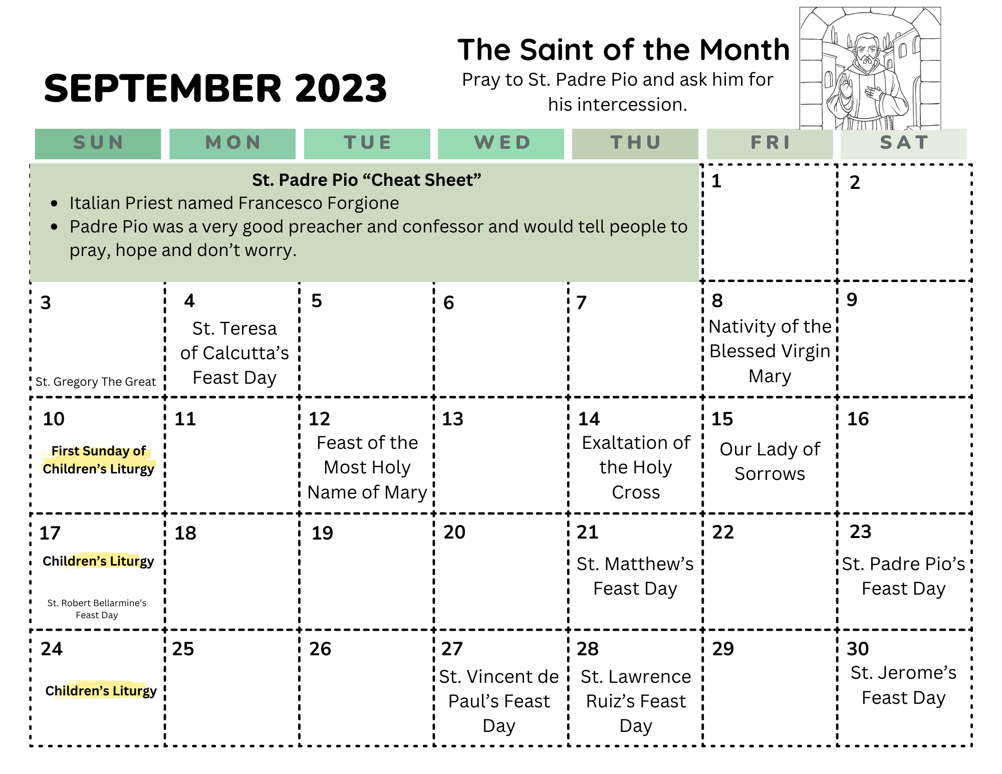 Children's Liturgy Calendar for September 2023
