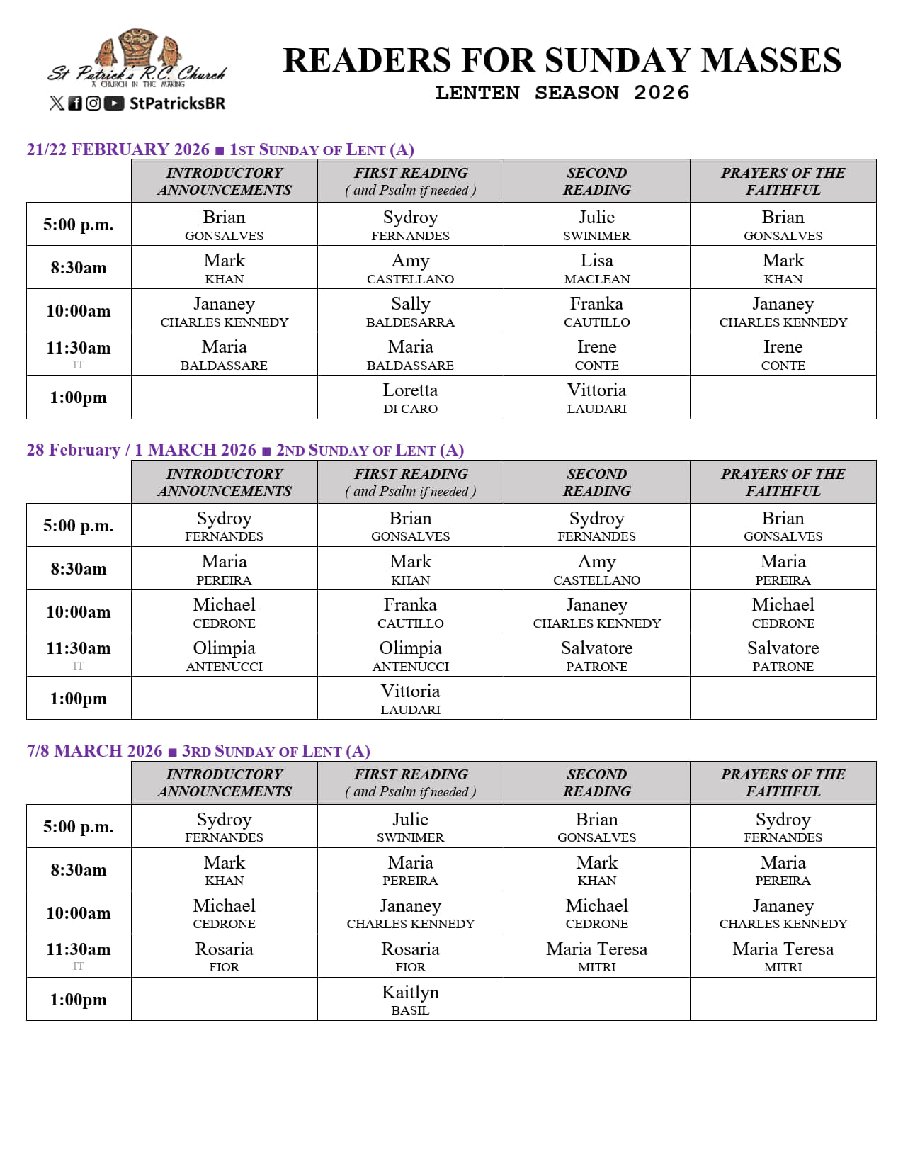 Readers for Sundays in Lent 2026 - Page 1