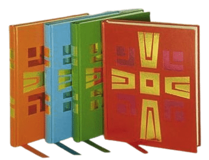 Image of four lectionary books each of them colour-coded. First one orange second one blue third one green and fourth one red with a gold cross in the centre of each book