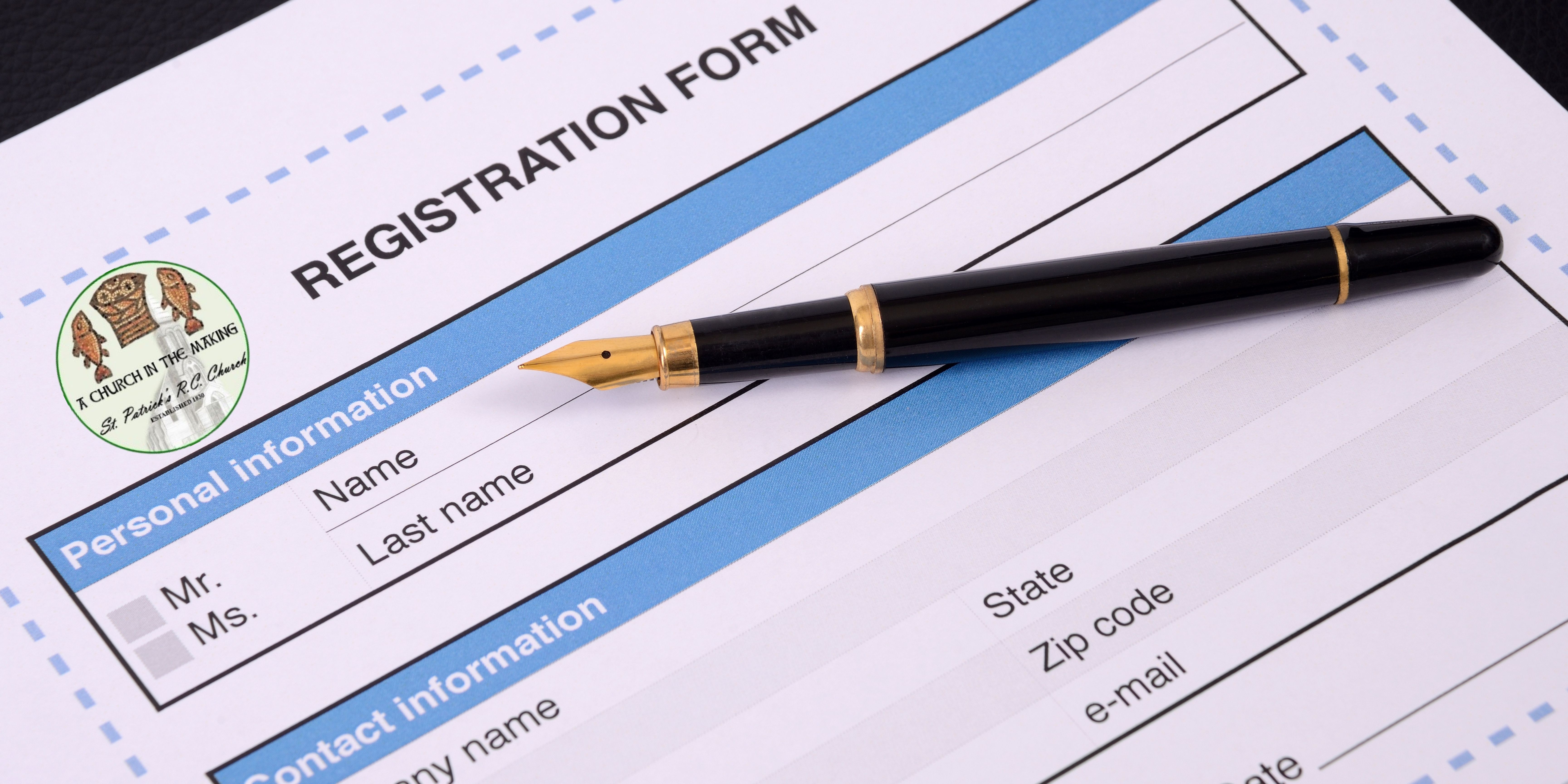 Registration form header, an image of a blank registration form with a ball point pen laid across with the logo of the church