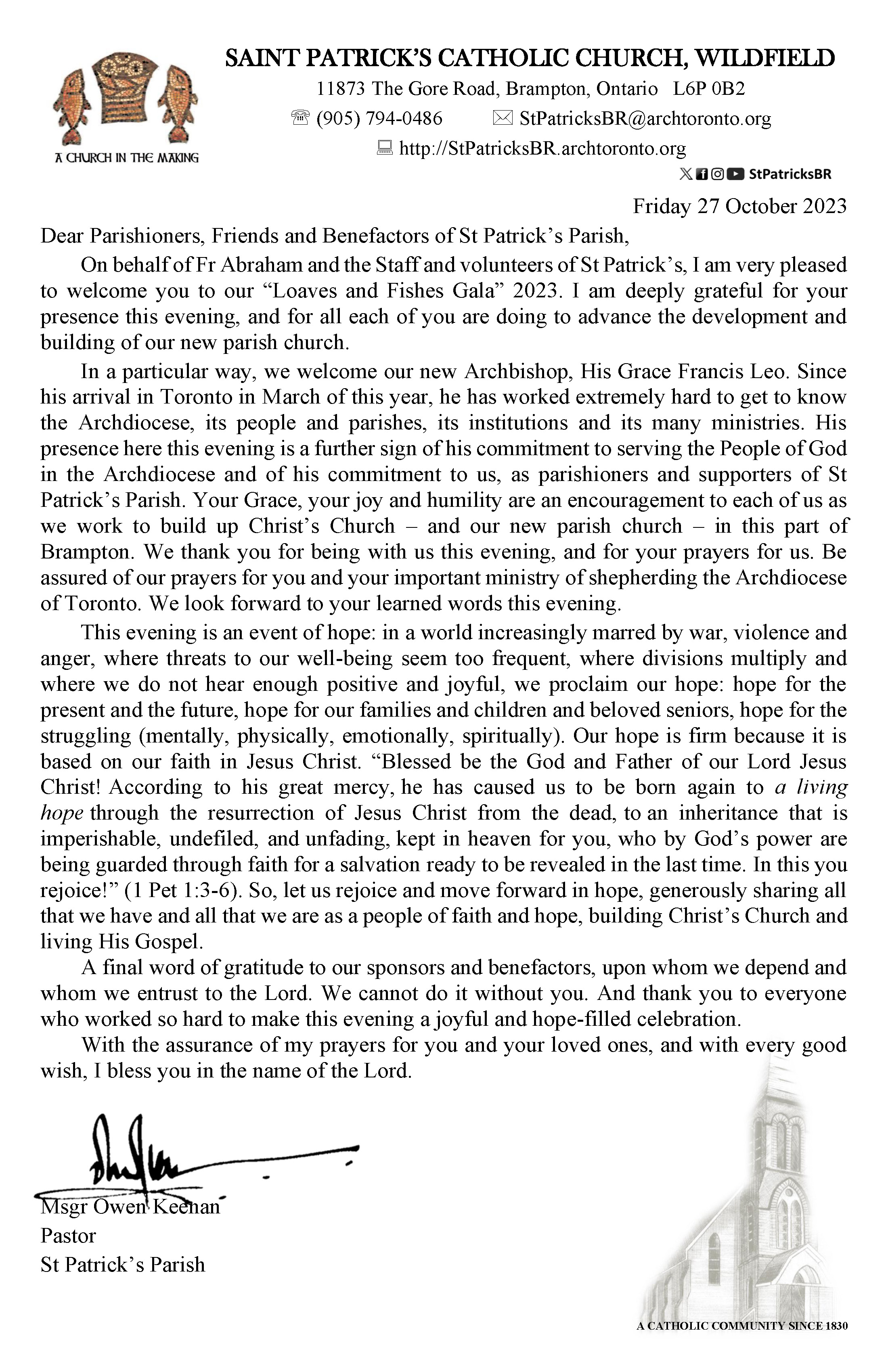 October 2023 letter from Monsignor for the Gala