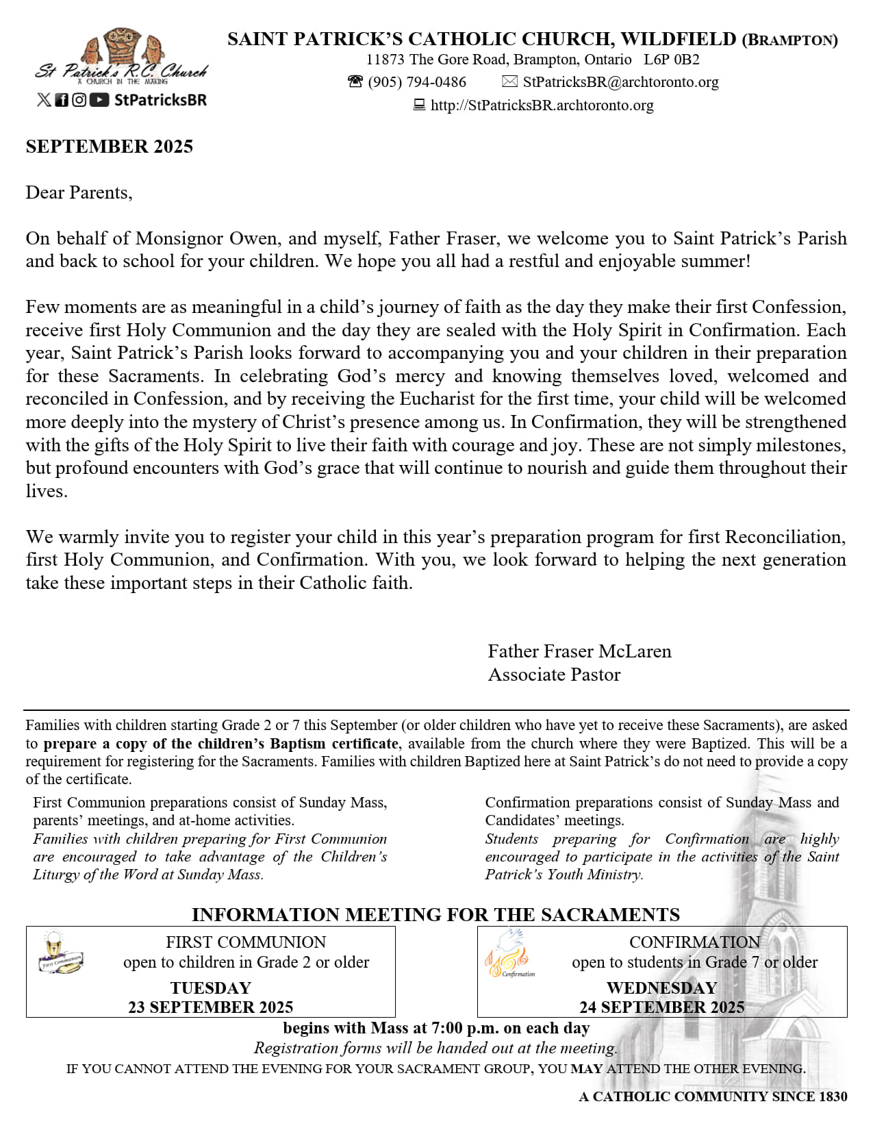 2025-26 Sacramental Preparations: Invitation Message from Father Fraser